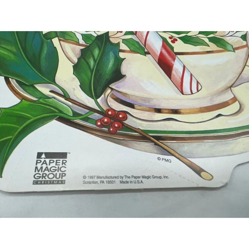 Vintage 2 Paper Magic Group Candy Cane Bear In Tea Cup Christmas Decoration 10”